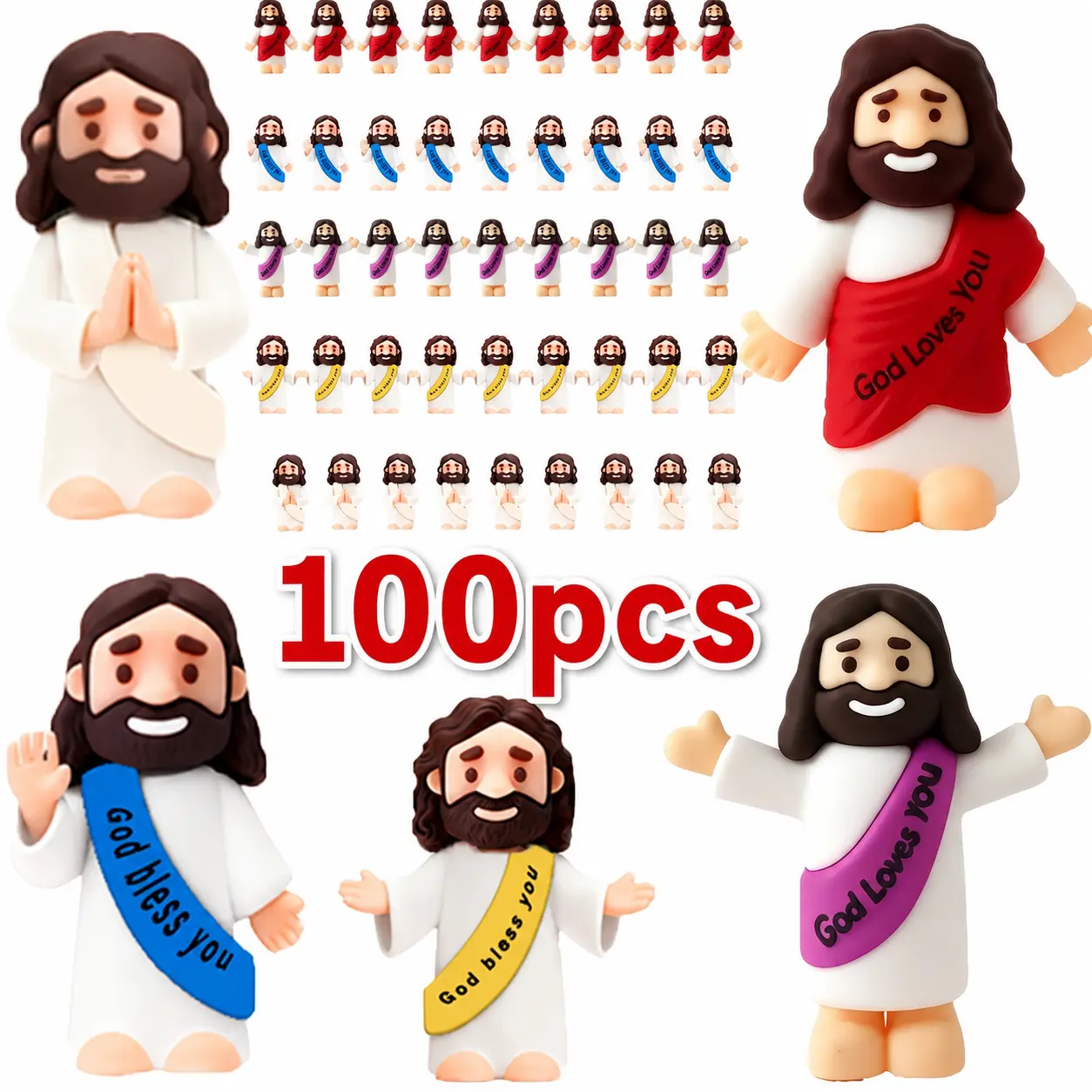 100 Pcs Little Jesus Figures, Mini Jesus Figurines in bulk, Jesus loves you figures, Easter Jesus Love You Mini Rubber Toys to Hide and Seek Religious Party Favors Sunday School Baptism Gifts Easter Egg Stuffers(Lively Colors)