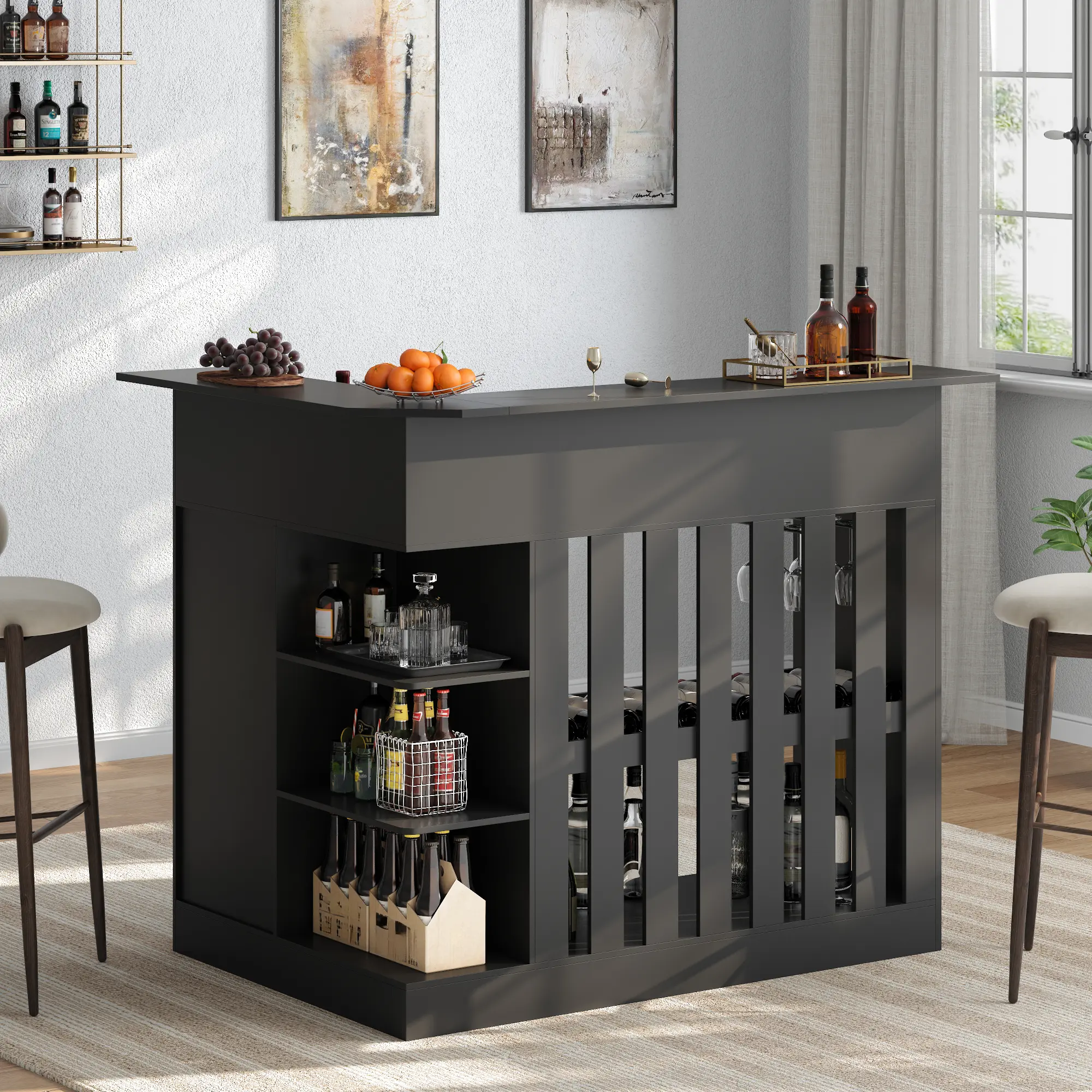 Gyfimoie L Shape Bar Tables with Led Light,Home Bar Unit with Stemware ...