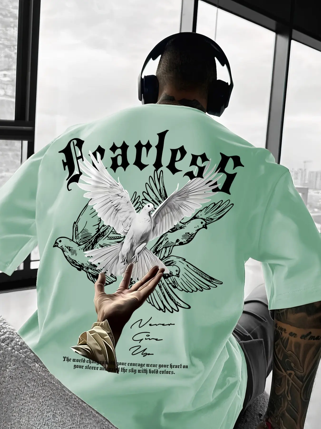 Men's Fearless Dove Graphic Oversized T-Shirt, Menswear Inspirational 'Never Give Up' Quote Tee, Streetwear Casual Letter Print Short Sleeve Top, Gothic Font Peace Dove Print, Soft Cotton Loose Fit Crewneck Shirt, Casual Streetwear Essentials
