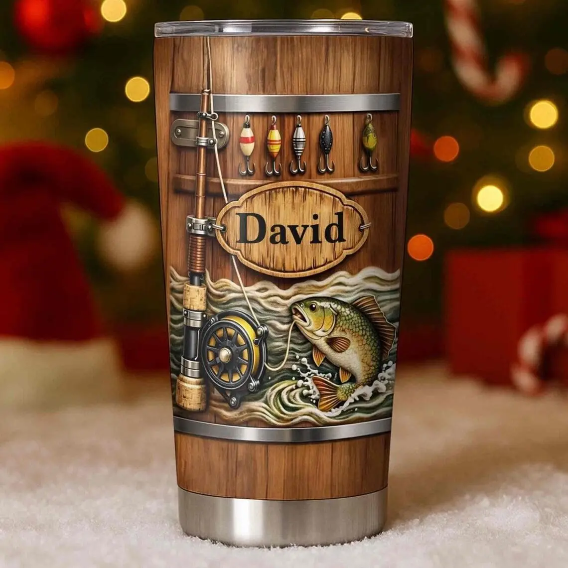 Personalized Fishing Tumbler, Rustic Wood Barrel Style Travel Cup with Fish & Fishing Gear Design, Great Birthday, Father’s Day & Christmas Gift for Anglers