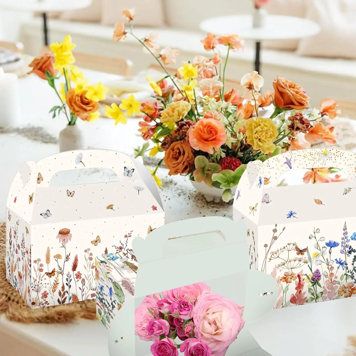 12 PCS Wildflower Treat Boxes, Floral Favor Gift Containers for Bridal Shower & Birthday (Home & Festive Party Bag Packaging) Gift Boxed Goodies Set Wedding Boho