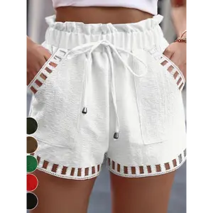 Women's Summer Casual Shorts with Pockets & Cut-Out Details - Breathable Green Lounge Shorts for Adults, Non-Stretch Fabric, Hand Wash/Dry Clean