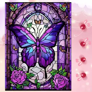 5D DIY Full Drill Round Diamond Painting - Diamond Art Kit Purple Butterfly Flower Mosaic, Canvas - DIY Decorative Painting, Home Wall Decor, Suitable for Halloween and Christmas, Birthday and Anniversary Gifts, Diamond Painting Kits