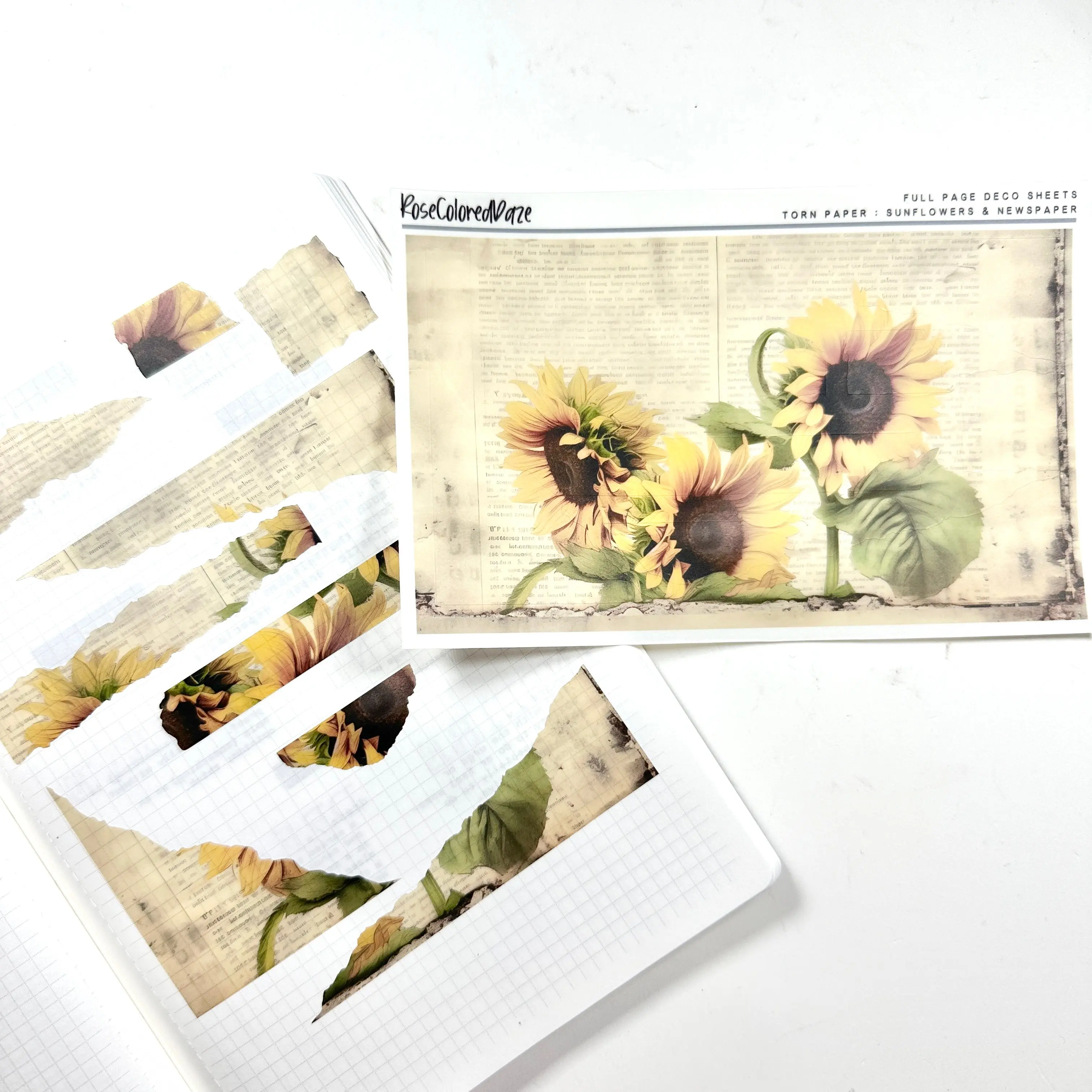 Transparent Matte Sticker Sheet - Torn Paper - Sunflowers & Newspaper