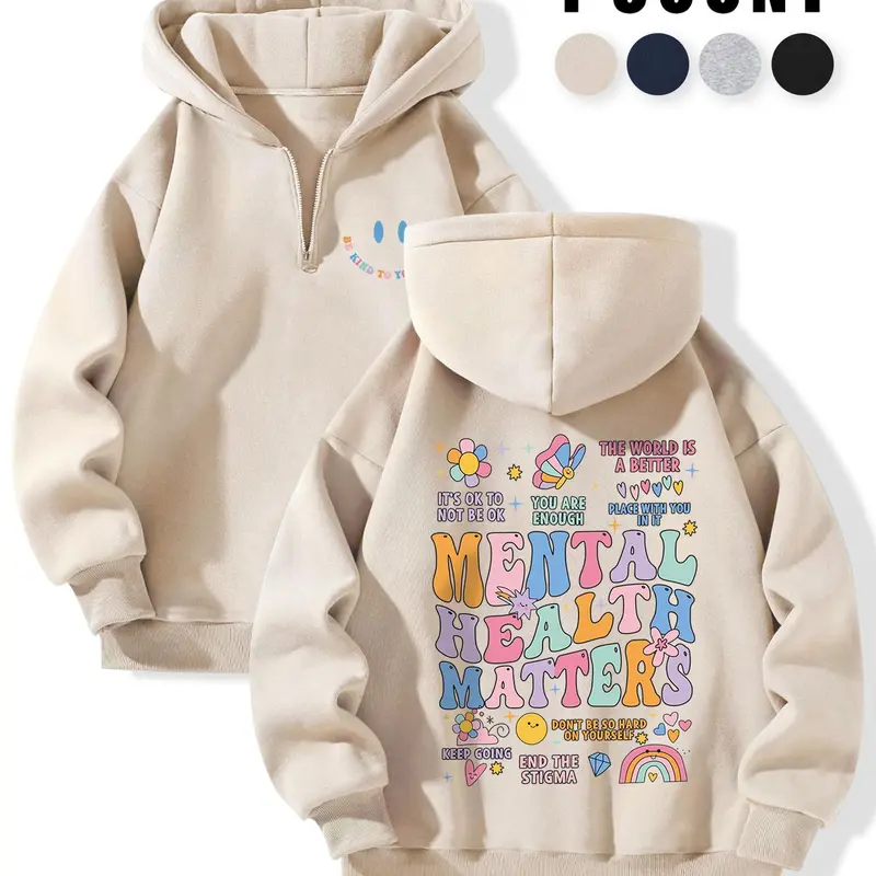 Women's Letter Print Half Zip Drop Shoulder Hoodie, Fashion Casual Loose Hooded Sweatshirt for Daily, Holiday, Outdoor Wear, Women's Clothing for Fall & Winter, Comfy Graphic Print Pullover Hoodies