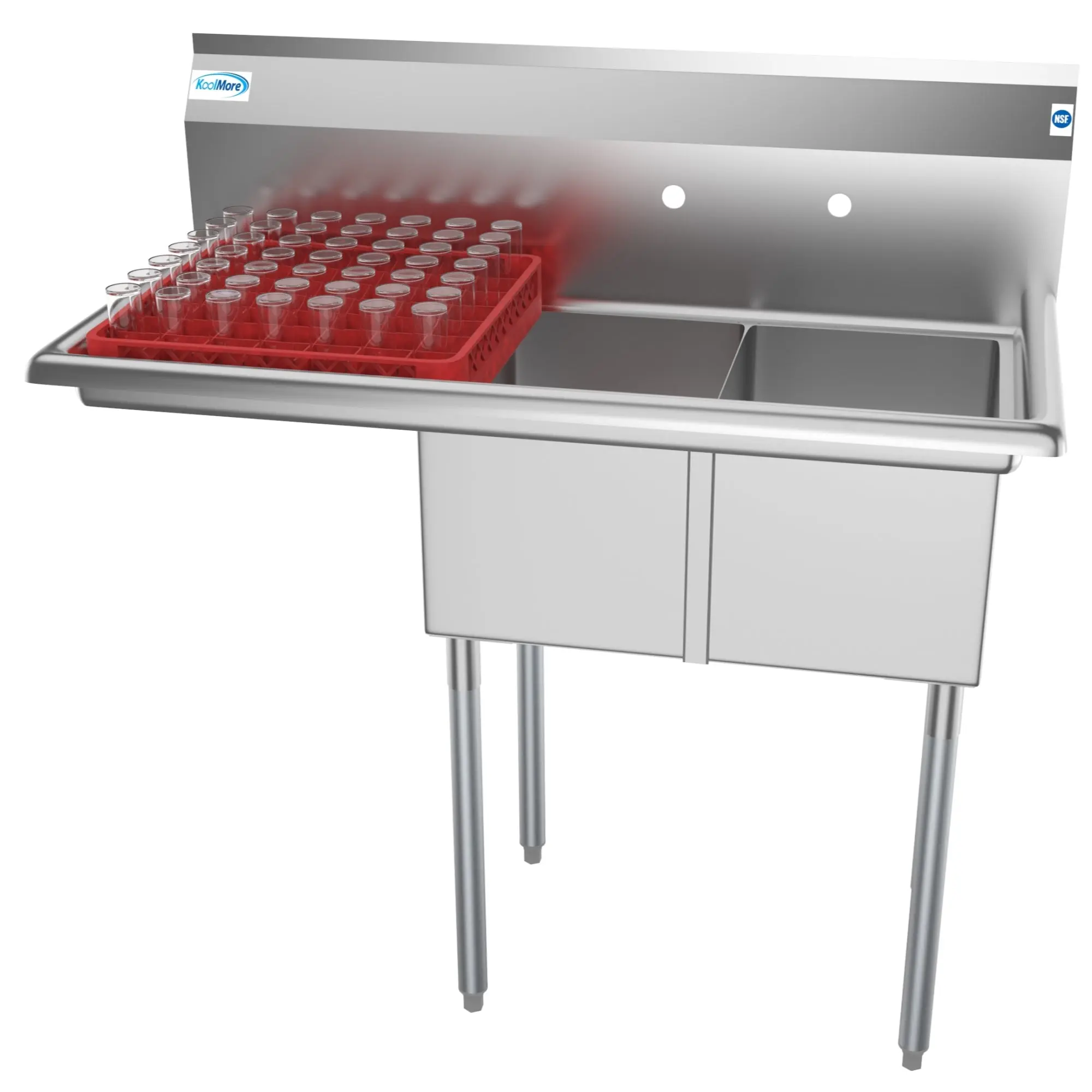 43 in. Two Compartment Stainless Steel Commercial Sink with Drainboard, Bowl Size 12"x 16"x 10"