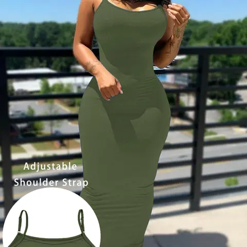 Summer Sleeveless Long Dress Women Plain Solid Fit Bodycon Skirt Adjustable Shoulder Straps Outerwear, Casual Chic Fitted, Casual Fashion Clothing Spaghetti Strap, Minimalist, Womenswear