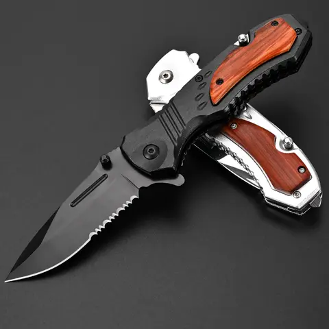 Men's Large Black Pocket Folding Kitchen Knife - Sharp Corrosion-Resist Stainless Steel Blade, Wood Handle, Clip, Glass Breaker, Left/Right Thumbflip - Pocket-Ready Size EDC Survival Gear - Christmas Gifts for Husband - Ideal for Camping