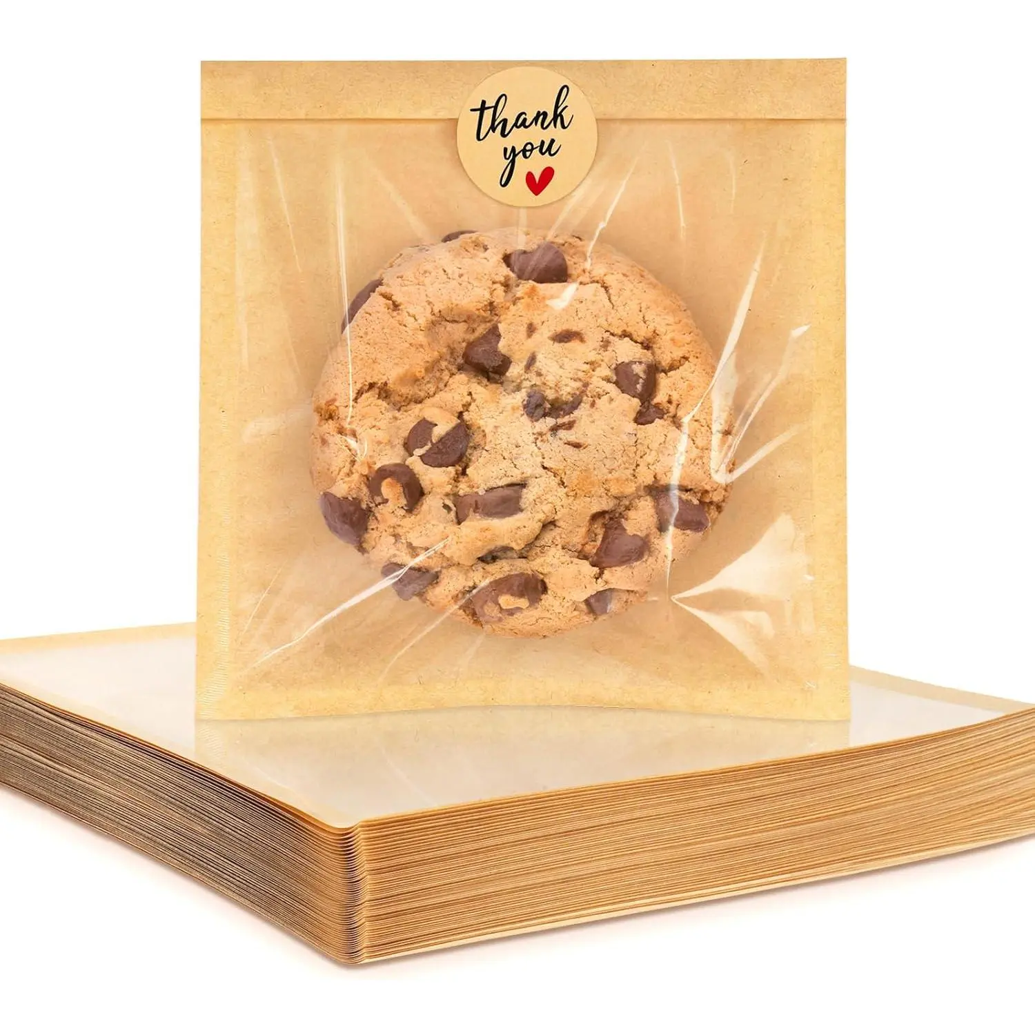 100 Pack Cookie Packaging Bags with Seal, 5.7x6.5 Inch Paper Bakery Bags with Window, Heat Sealable & Grease Resistant To Go Bake Sale Sleeves for Treat, Donut, Cake Slice, Scone, Brownie