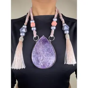 Lepidolite Statement Necklace - Macrame Cotton Rope Necklace - Macrame Jewelry - Wooden bead Necklace - Handmade Jewelry - Natural Crystal Necklace- One of A Kind