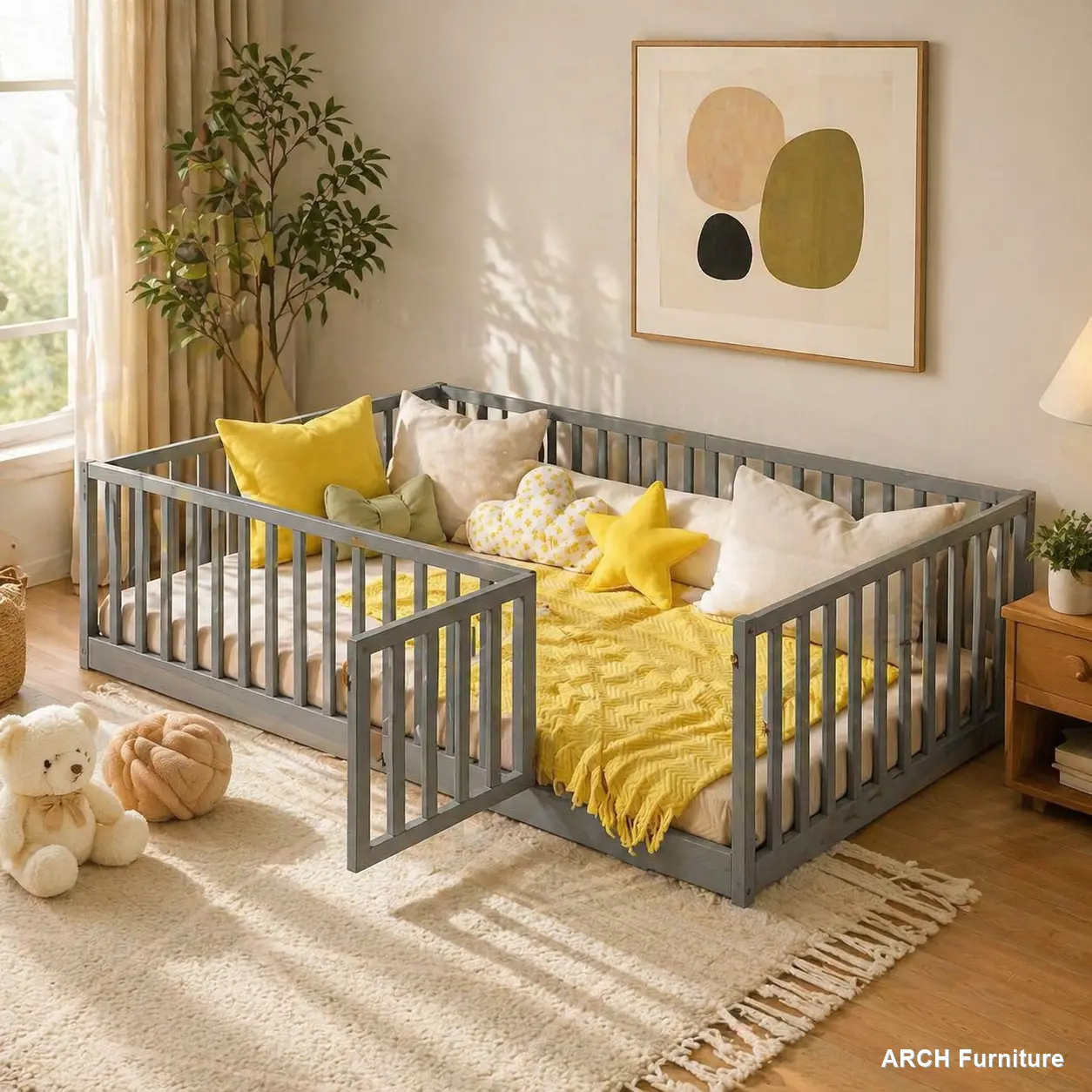 Twin Size Rubber Wood Montessori Floorbed - Toddler Bed, Kid-Safe Child-Friendly Compact Nursery Furniture, 77.40 x 41.00 x 21.50 inches, High Fence Railings, Revolving Safety Door, Portable Cot, Grey