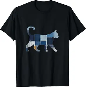 Retro Funny Denim Patch Animal Cat T-Shirt