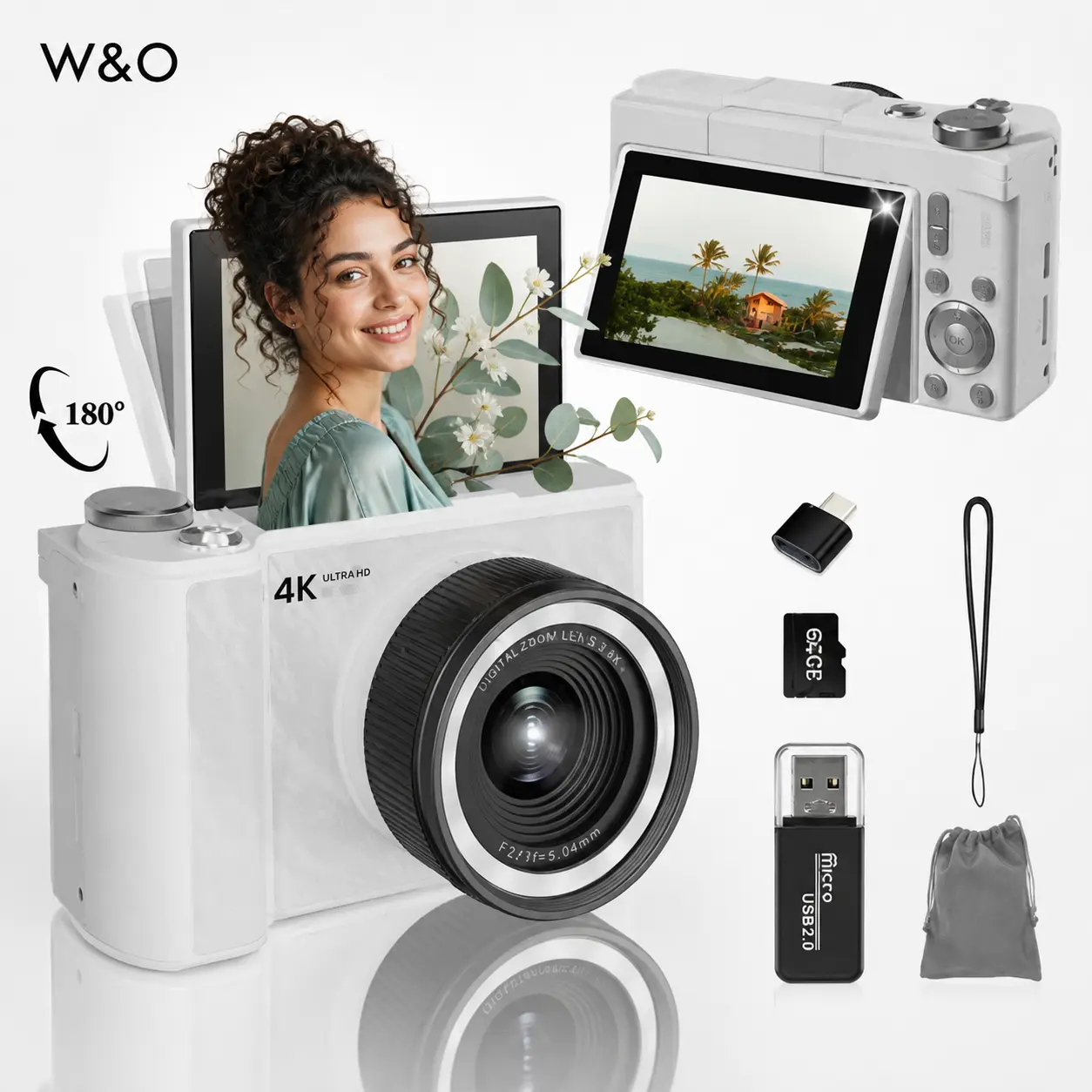W&O Digital Camera with 180° Flip Screen, Vlogging Camera for Fill Light, 16X Digital Zoom Camera, Come with 32GB Card, Easy Point and Shoot Camera for Students and Young Women, Christmas and Halloween Gifts