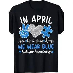 Autism Awareness April Wear Blue Heavyweight Cotton T Shirt with Puzzle Piece and Peace Sign Design