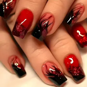 24/48 Short Square Flame Gradient Nail Set, Glossy Reusable Design, Includes Jelly Glue & File, Perfect for Parties Halloween Daily Use