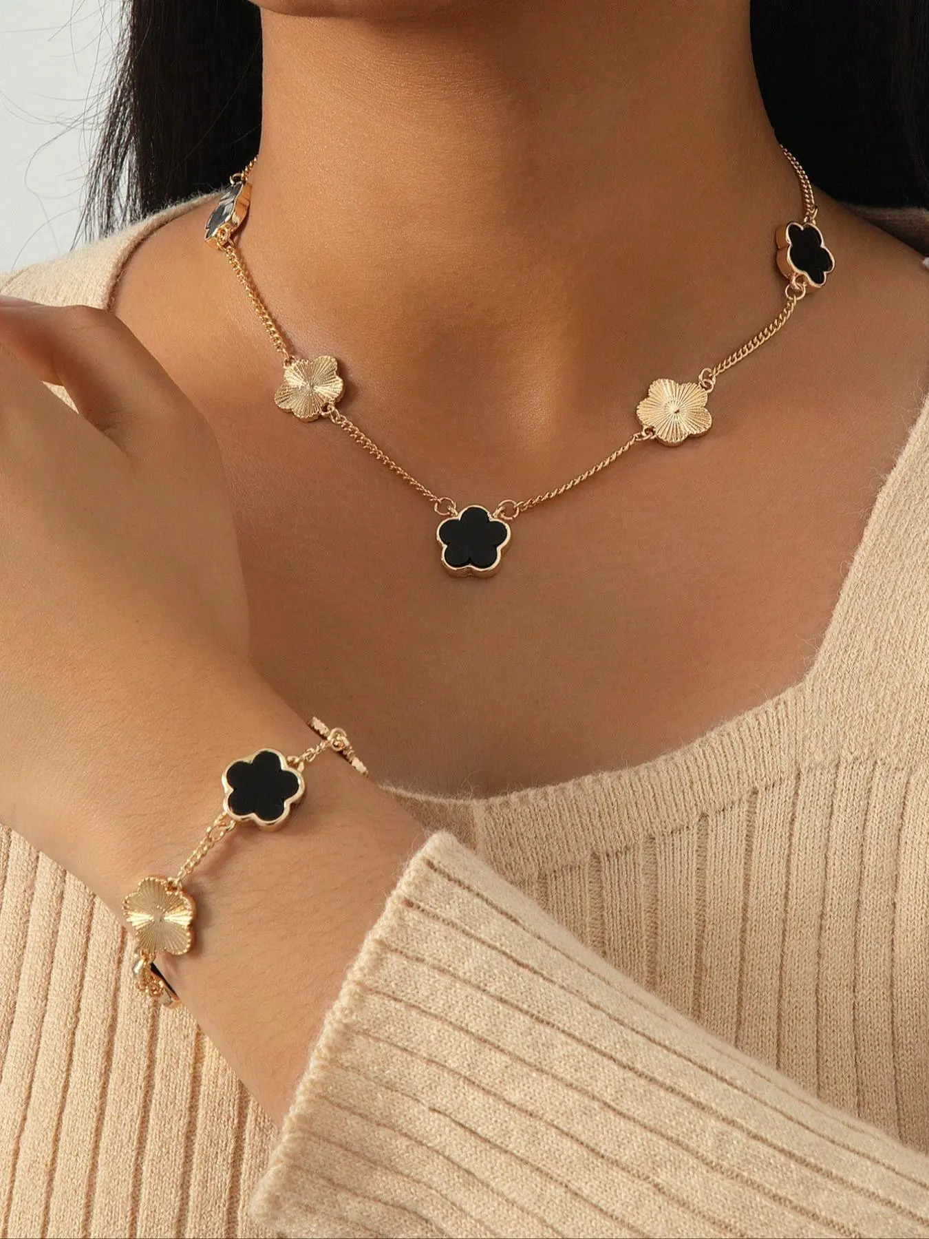 Women's Elegant Fashion Flower Charm Jewelry Set, Pendant Necklace & Bracelet, Casual 2025 New Trendy Matching Fashionable Jewelry Set for Party, Daily Clothing Decor for Girl, Cute Jewelry