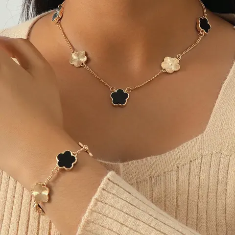 Women's Elegant Fashion Flower Charm Jewelry Set, Pendant Necklace & Bracelet, Casual 2025 New Trendy Matching Fashionable Jewelry Set for Party, Daily Clothing Decor for Girl, Cute Jewelry