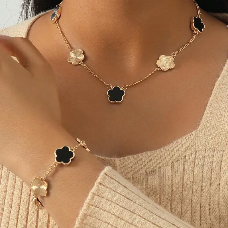 Women's Elegant Fashion Flower Charm Jewelry Set, Pendant Necklace & Bracelet, Casual 2025 New Trendy Matching Fashionable Jewelry Set for Party, Daily Clothing Decor for Girl, Cute Jewelry