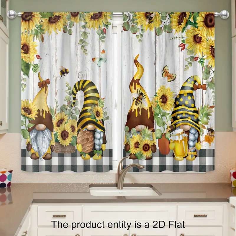 2pcs Sunflower Gnome Pattern Rod Pocket Ruffle Boho Window Tier Curtains with Liner - Home Decoration Curtain, Boho Home Textile for Kitchen, Living Room, Window Tier Curtain