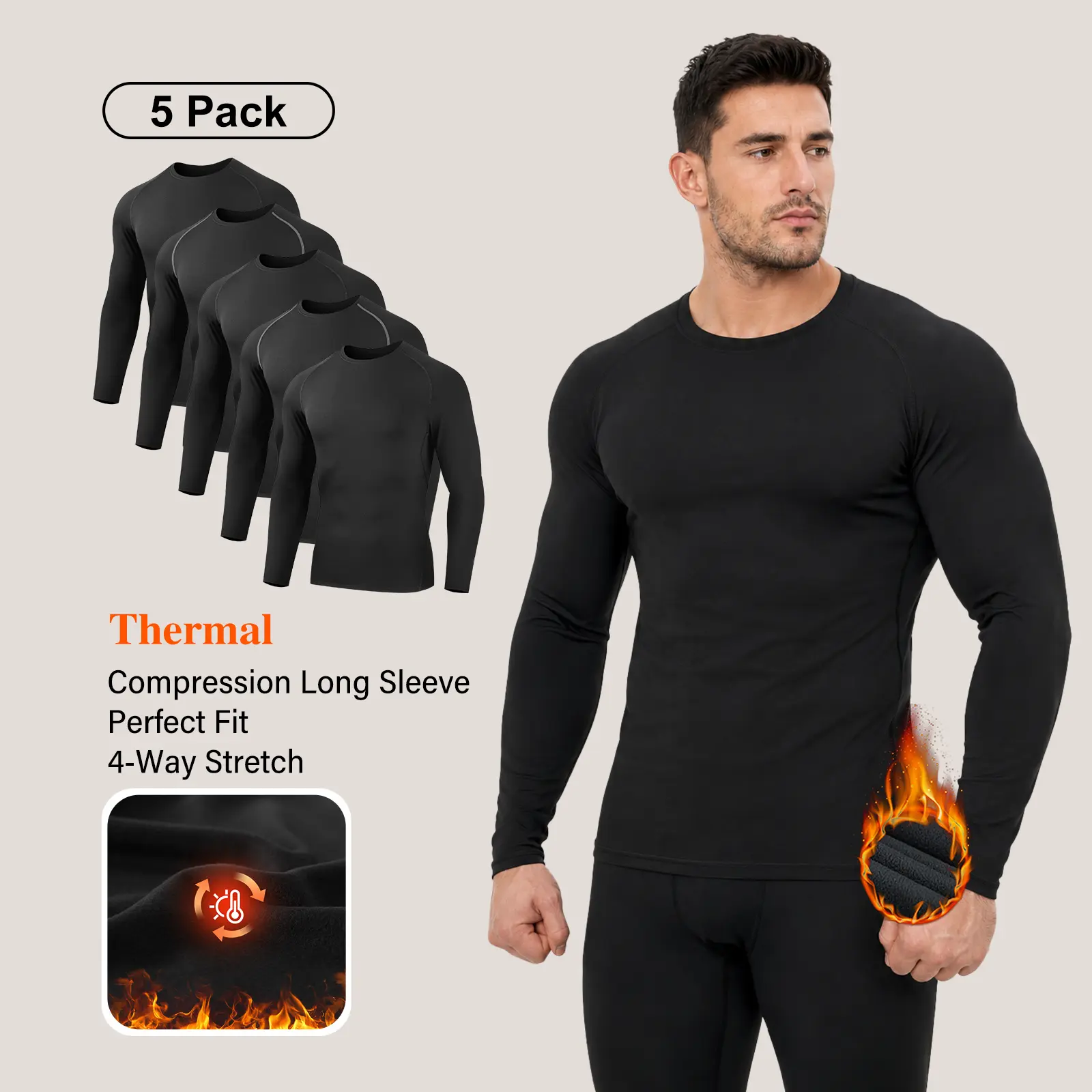 5 Pack Thermal Compression Shirts for Men Long Sleeve Fleece Lined | Cold Weather, Winter Gear,Warm, Hunting, Running, Soccer, Workout, Athletic, Sports, Baselayer Undershirt, T Shirts Tops
