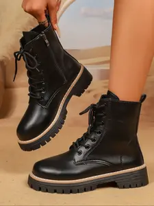 New Side Zipper Design Thick Sole British Style Short Boots, Casual PU Leather Shoes, All Seasons, Above Ankle but Below Knee, British Style Footwear