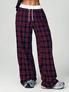 Spring Women's Casual Home Fashion Drawstring Plaid Patchwork Straight Leg Pants, Ladies Home Wear Long Pants, Fitted Style