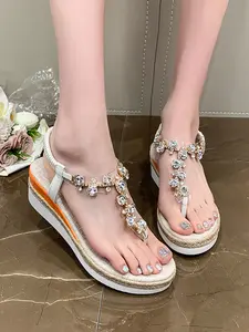 Women's Summer Sandals Size 36-43, Thick Sole Beach Shoes, Rhinestone Roman Style, Comfortable & Stylish Footwear, Fashionable Comfy Sandals
