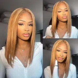 Ombre Honey Blonde Bob Wig Human Hair Highlight 13x4 Hd Lace Front Wigs Human Hair Pre Plucked 14 Inch Middle Part 4/27 Colored Glueless Lace Frontal Wigs(14 Inch, 4/27 Highlight)