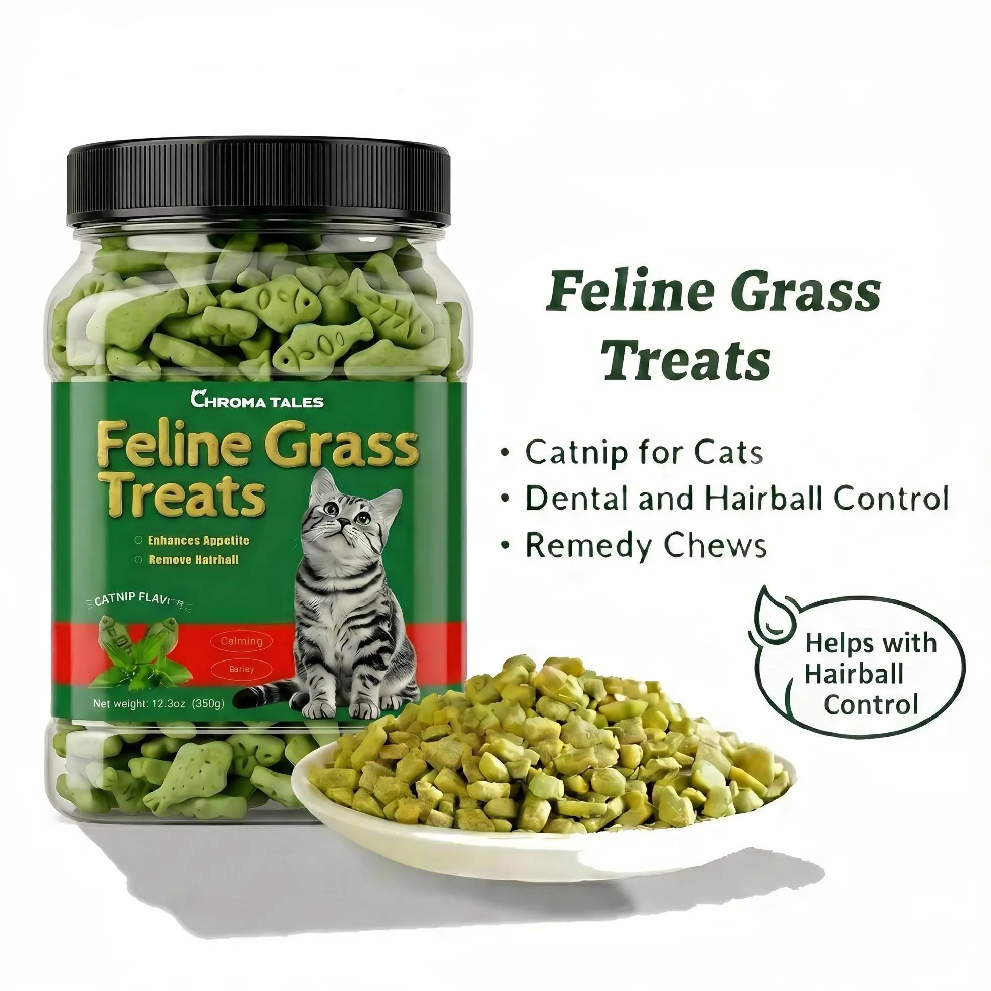 12.3 OZ Cat Grass Treats Natural Salmon Flavor Healthy Cat Snacks Training Biscuits Catnip for Cats Dental and Hairball Control Treats Remedy Chews