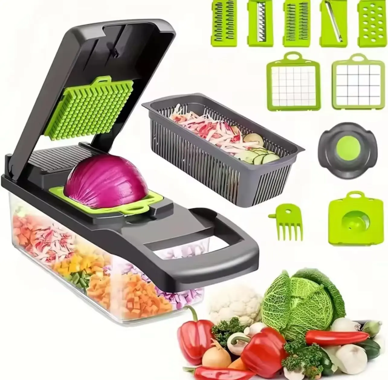 Vegetable Chopper With Container – Onion Chopper, Dicer, Slicer And Grater, Home-Use Stainless Steel Blade Food Chopper, Kitchen Veggie Cutting Gadget, Onion Chopper, Vegetable Cutter, Multifunctional Grater.