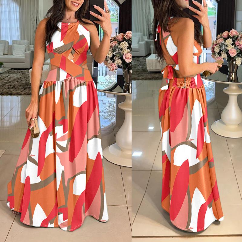 ChicMe Women's Halter Sleeveless Valentine's Day Tied Detail Shirred Criss Cross Flared Dress/Halter Sleeveless Flared Evening Dress Glamorous Wedding Guest Evening Wedding Dress