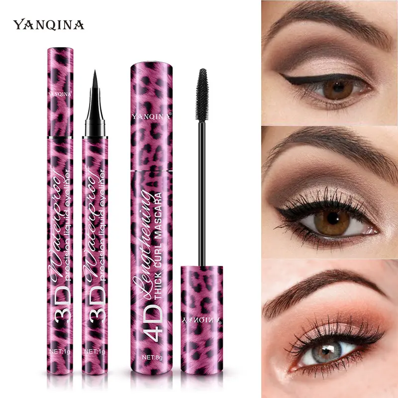 2-in-1 Mascara & Eyeliner Gift Set-Waterproof Volumizing Lash + Precision Wing Liner, Leopard Print Design Beauty Bundle for Beginners