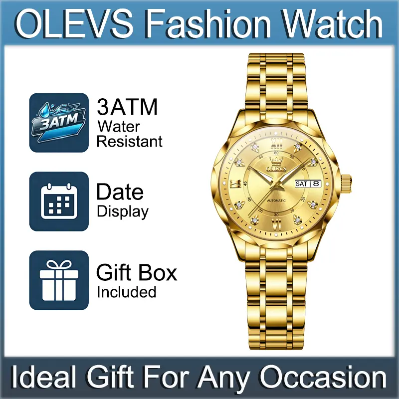 OLEVS Women's Bling Automatic Mechanical Watch, 34mm Elegant Stainless Steel Dress Wristwatch with Rhinestone Roman Numerals and Day-Date Display, Bling Mechanical Watches, Fancy Mechanical Watches
