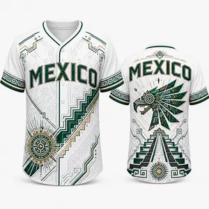 Men’s Mexico Inspired Baseball Jersey Shirt, Breathable Mesh Polyester Short Sleeve Button Top, Heritage Graphic Casual Summer Wear
