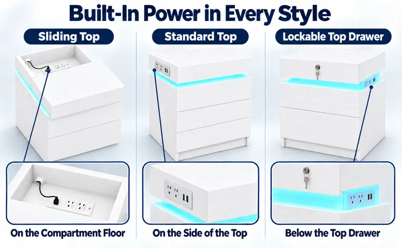 LIKIMIO Nightstand with Charging Station & LED Lights, Modern Bedside Table with 2- or 3-Drawer Options, Sliding Top, Standard Top or Lockable Top Drawer, End Table for Bedroom & Small Spaces Nightstand With Drawers
