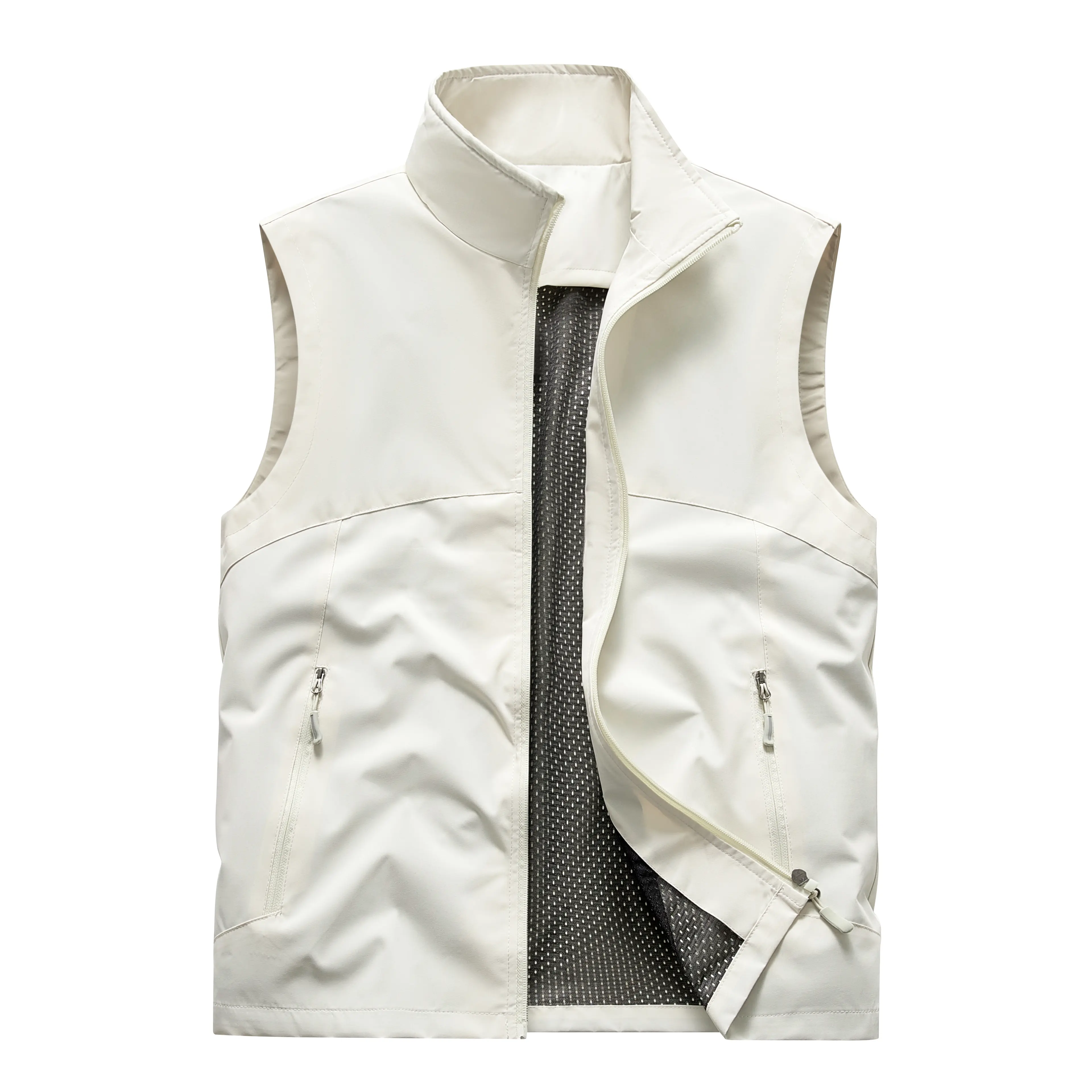 Men’s solid-color stand collar zip vest with mesh lining and multiple zippered pockets, sleeveless design for outdoor workwear casual layering, suitable for spring and autumn.