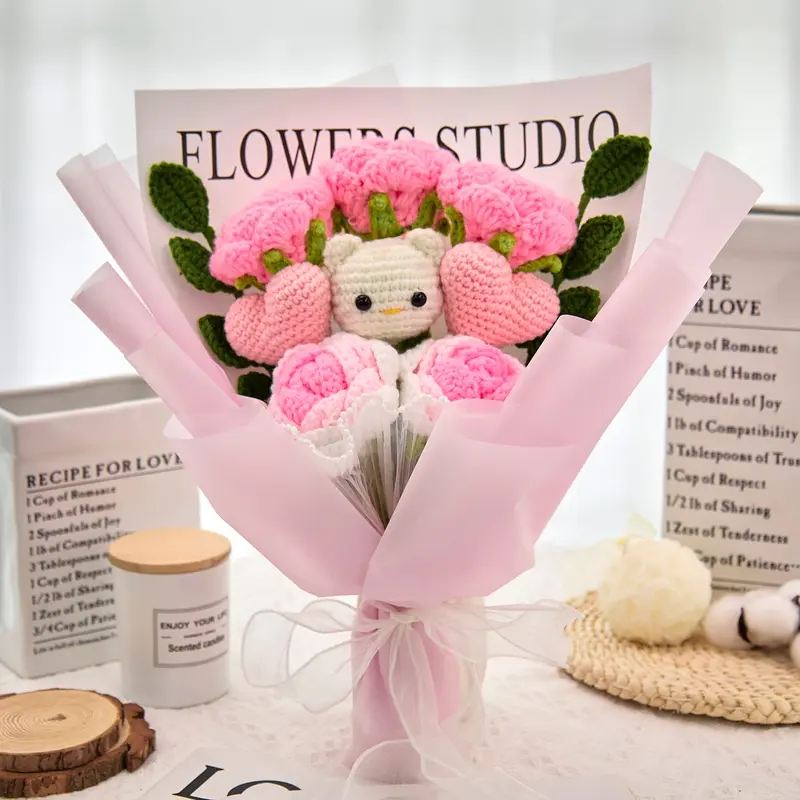 Crochet Flowers Bouquet with Cute Cat and Flowers of Roses,Hearts, Eucalyptus for Birthday, Pink Flower Gifts for Women, Girls, Kids,Include Card