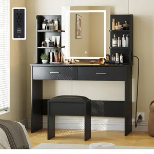 GARVEE Vanity Desk with Lighted Mirror, Makeup Vanity Set with Power Outlet, Cushioned Stool, Vanity Table with 6 Storage Shelves, 2 Large Drawers and 3 Color Light Adjustable Brightness, Black