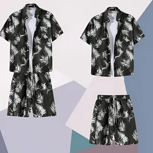 Mens Womens Hawaiian Shirt Shorts Set Black Tropical Palm Leaf Print Matching Outfit Beach Vacation Summer Festival Loose Casual Swimwear Cover Up Aloha 2PC Set
