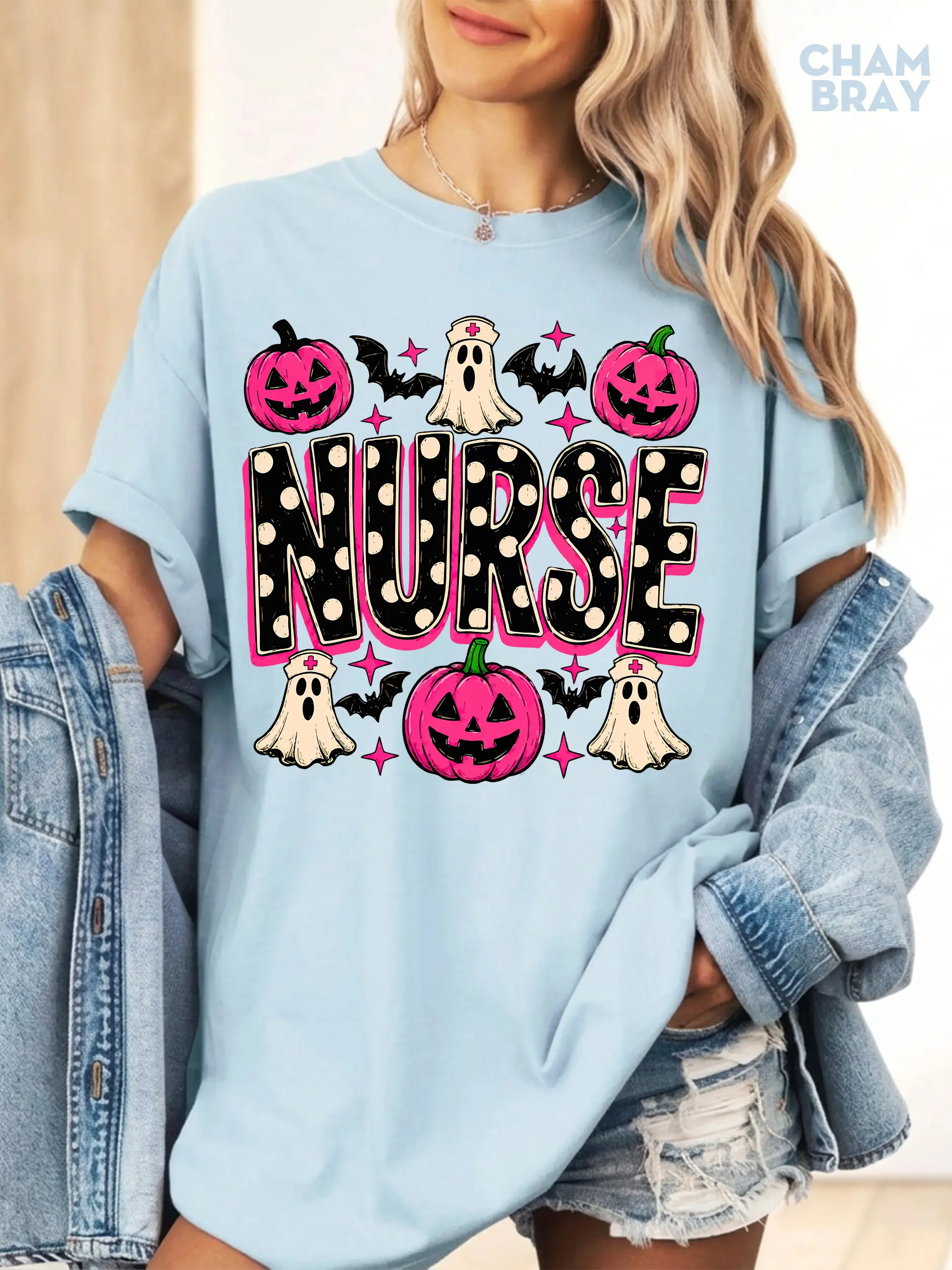 Retro Pink Polka Dot Cute Ghost Nurse Halloween Pumpkin Shirt, Preppy Fall Pumpkin Nursing Ghost Tee