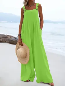 Plus Size Women's Summer Casual Vacation Plain Loose Backless Button Wide Leg Pants, Sleeveless Adjustable Strap Halter Top with Chest Pockets