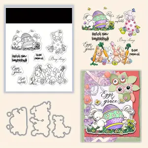 Colorful Egg and Cute Rabbit Transparent Stamp and Cutting Die, Suitable for DIY Crafts Scrapbooking, Album Decoration Paper Card Making, Handmade Gift Blessing Birthday Thank You Card!