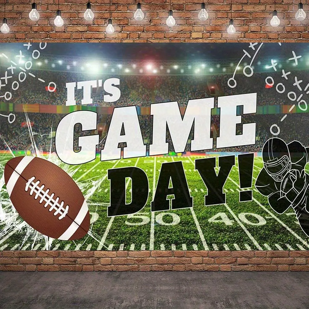 1PC Polyester Reusable 2D Flat American Football Theme Photo Backdrop Banner, Home & Festive Party Decoration Cloth, Football Field Layout Hanging Curtain for Birthday Fan Activities, Banners, Photo Booth