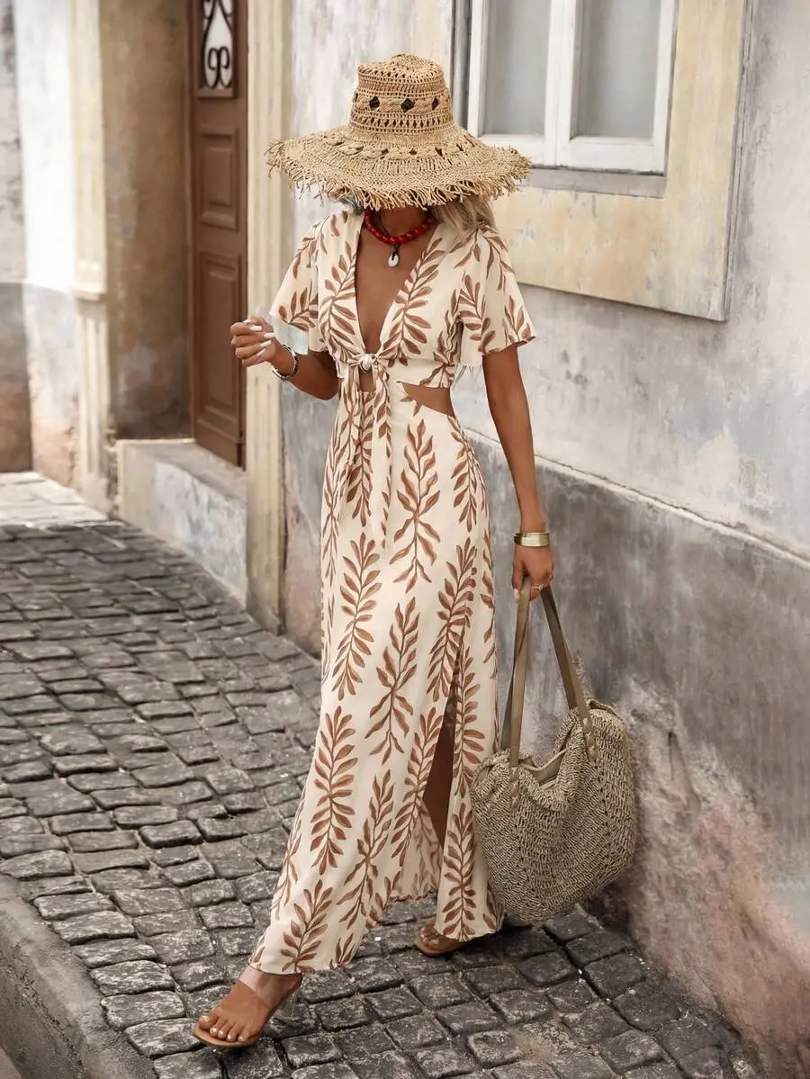 Brillora Women's Fashion Casual Elegant Hollow Out Printed Vacation Dress ,Summer Maxi Boho Women Dresses Greece Outfits Italy