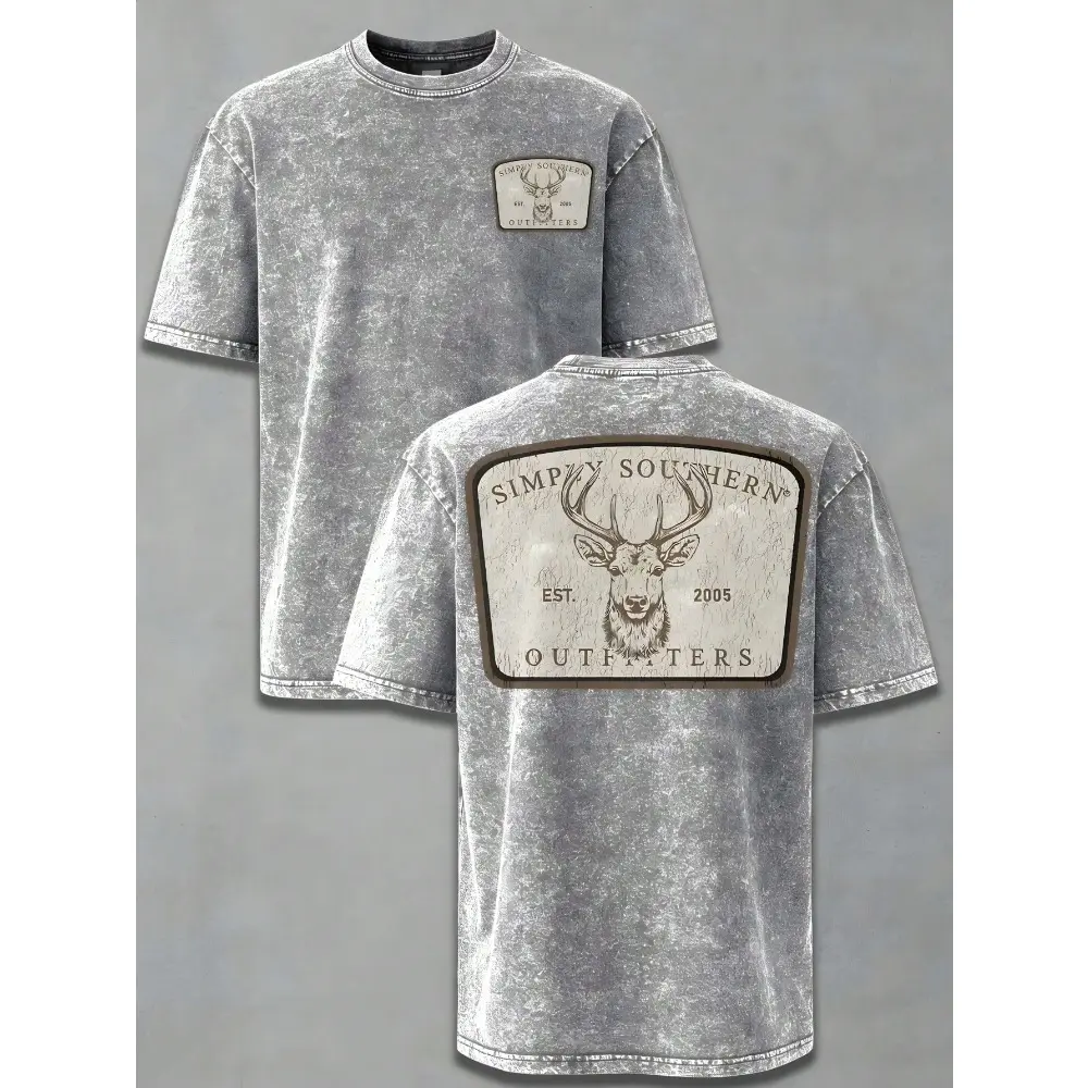 Men's Buck Deer Graphic T-Shirt, Vintage Washed Oversized Cotton Tee with Round Neck, Casual Shortsleeve Top for Outdoor Hunting, Pairs with Jeans, Pants
