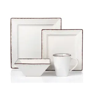 212 MAIN Lorenzo Import LH500 Sturdy 16-Piece Square Double Beads Stoneware Tableware Set - Modern Frame, Multi-Size White Kitchen Plates and Mugs