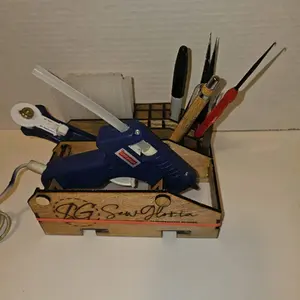 Wood Lasered Glue Gun Utility Box with Swiveling Holders for Crafting Enthusiasts - Versatile and Customizable Storage Solution