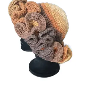 Latte Stripe Crochet Ruffle Hat