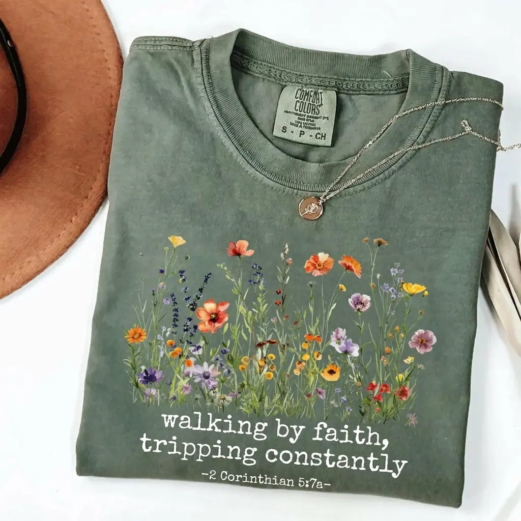 Comfort Colors Christian Floral Shirt, Walking By Faith Tee, Bible Verse Shirt 2 Corinthians 5:7, Faith Based Gift for Women, Boho Wildflower Jesus Shirt, Religious Tee