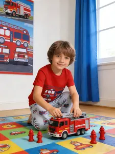 Boys' Dinosaur Construction Truck Print Sleepwear Set, Fitted Short Sleeve Top & Long Pants, Casual Home Wear, 2 Piece Set, Cartoon Print Pajama